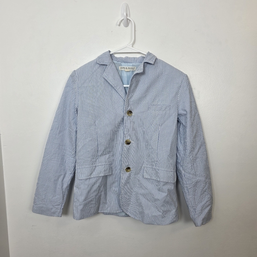 Hope & Henry Boy's White Blue Striped Organic Cotton Preppy Nautical Blazer Sz L